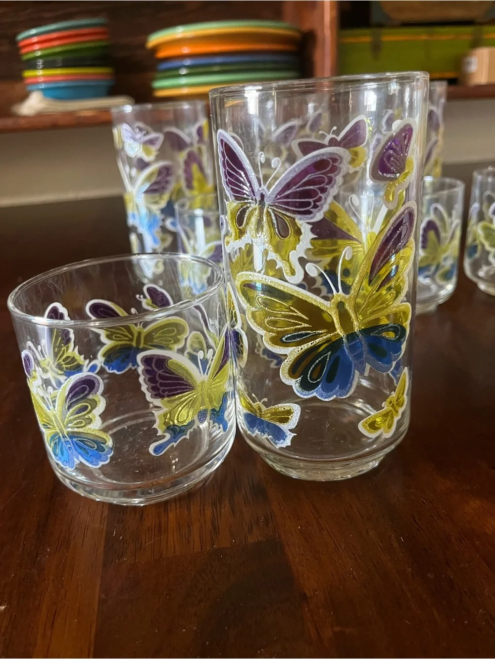Libbey Glass Tumbler Set with Yellow and Blue Butterfly Motifs